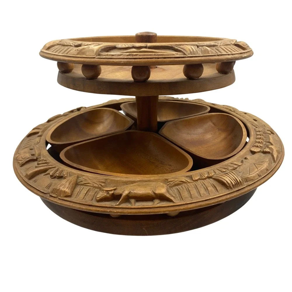 Vintage Hand Carved‎ Monkey Pod Wood 2 Tier Lazy Susan Philippines Tropical Tiki